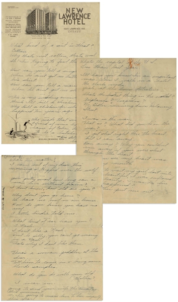 Moe Howard Handwritten Jokes, Circa 1940 With 1 Joke About Hitler -- Four Pages on Two Sheets of Chicago Hotel Stationery Measure 7.25'' x 10.5'' -- Folds & Orange Crayon to 1 Page, Overall Very Good